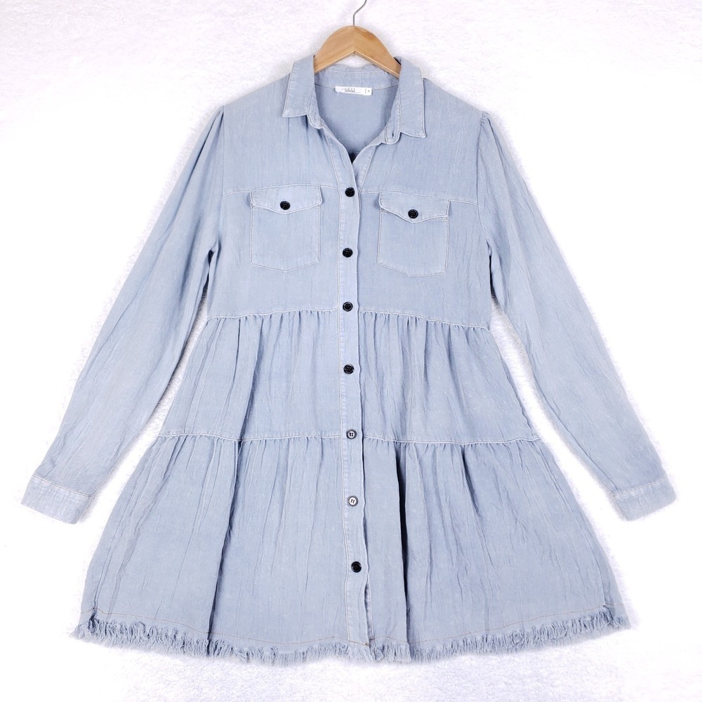 Talulah Tiered Chambray Mini Dress S Blue Button Up Ruffle Raw Hem Boho Tunic‎